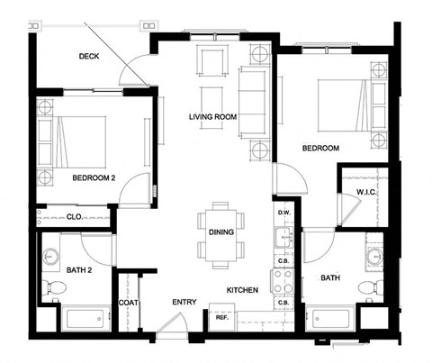 Floor plan for 2 beds, 2 baths, 1156 sqft